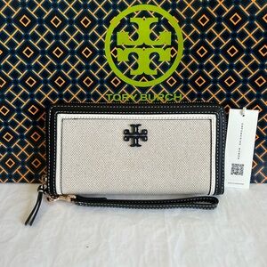 Tory Burch Emerson Canvas Zip Continental Wallet Multi Leather Black Tan Gold